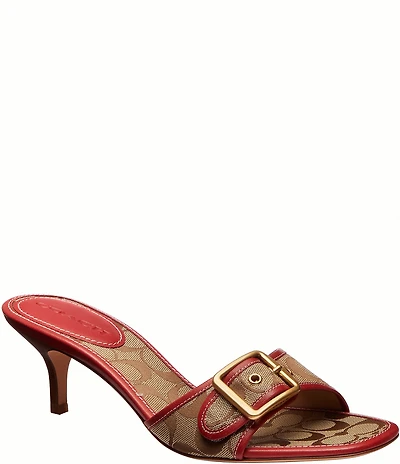 COACH Margot Signature Jacquard Leather Slip On Kitten Heel Sandals