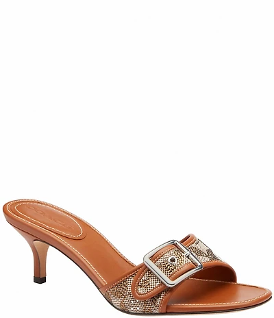 COACH Margot Signature Logo Jacquard and Leather Buckle Hardware Slide Sandals