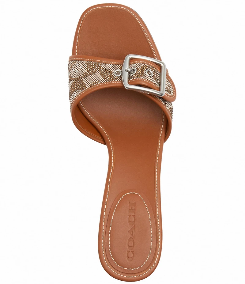 COACH Margot Signature Logo Jacquard and Leather Buckle Hardware Slide Sandals