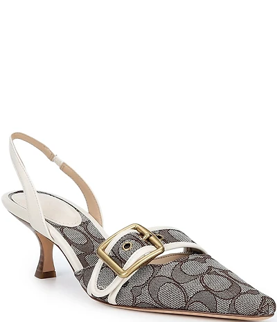 COACH Margot Signature Logo Jacquard Buckle Hardware Slingback Kitten Heel Pumps