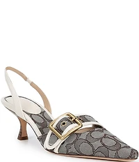 COACH Margot Signature Logo Jacquard Buckle Hardware Slingback Kitten Heel Pumps