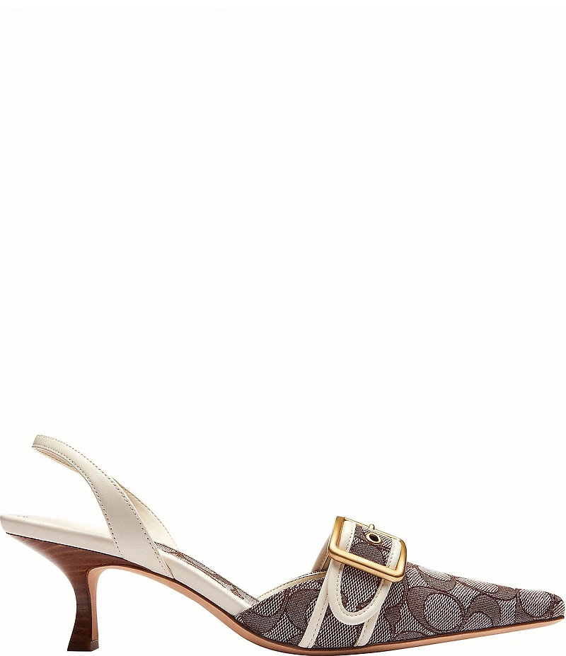 COACH Margot Signature Logo Jacquard Buckle Hardware Slingback Kitten Heel Pumps