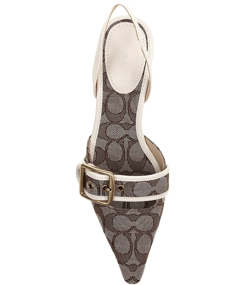 COACH Margot Signature Logo Jacquard Buckle Hardware Slingback Kitten Heel Pumps