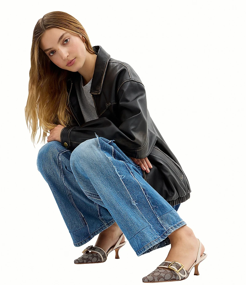 COACH Margot Signature Logo Jacquard Buckle Hardware Slingback Kitten Heel Pumps