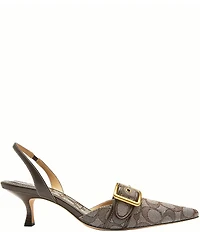 COACH Margot Signature Logo Jacquard Buckle Hardware Slingback Kitten Heel Pumps