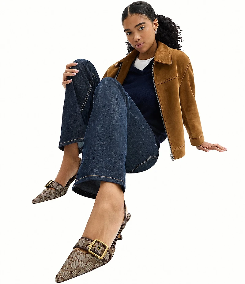 COACH Margot Signature Logo Jacquard Buckle Hardware Slingback Kitten Heel Pumps