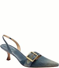 COACH Margot Signature Loved Denim Buckle Hardware Slingback Kitten Heel Pumps