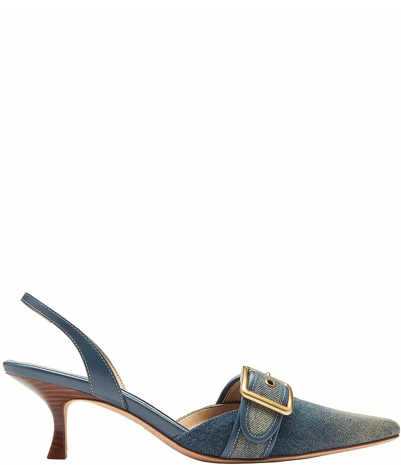 COACH Margot Signature Loved Denim Buckle Hardware Slingback Kitten Heel Pumps