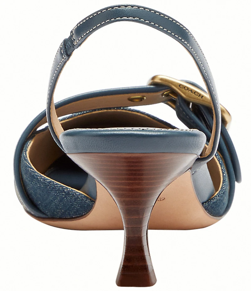 COACH Margot Signature Loved Denim Buckle Hardware Slingback Kitten Heel Pumps