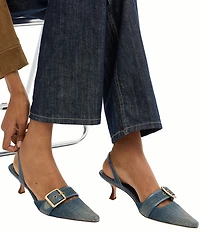 COACH Margot Signature Loved Denim Buckle Hardware Slingback Kitten Heel Pumps