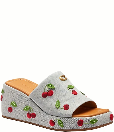 COACH Marie Cherry Embroidered Denim Platform Wedge Slide Sandals