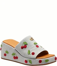 COACH Marie Cherry Embroidered Denim Platform Wedge Slide Sandals
