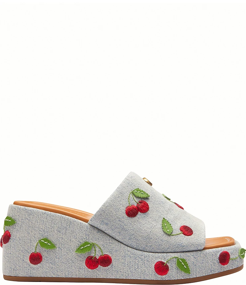COACH Marie Cherry Embroidered Denim Platform Wedge Slide Sandals