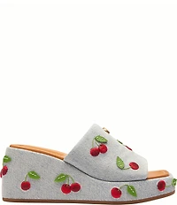 COACH Marie Cherry Embroidered Denim Platform Wedge Slide Sandals