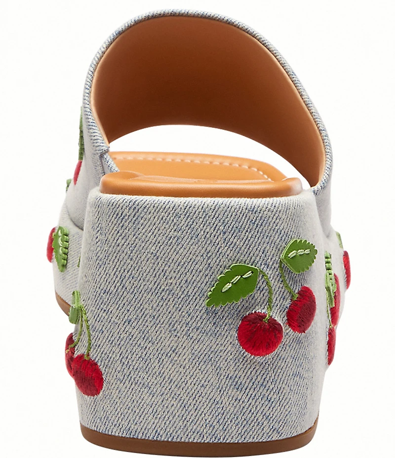 COACH Marie Cherry Embroidered Denim Platform Wedge Slide Sandals