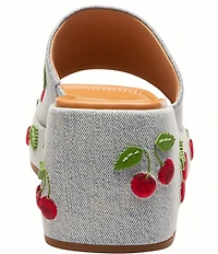 COACH Marie Cherry Embroidered Denim Platform Wedge Slide Sandals
