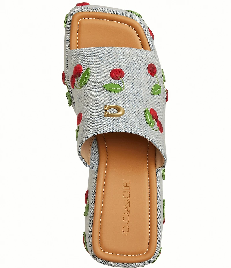 COACH Marie Cherry Embroidered Denim Platform Wedge Slide Sandals