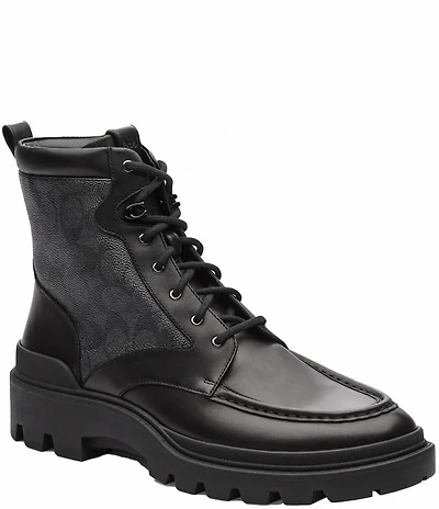 COACH Men's Connor Signature Logo Coated Canvas and Leather Lace Up Boots