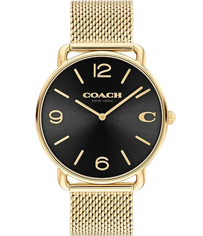COACH Men's Elliot Quartz Analog Black Dial Gold Mesh Bracelet Watch