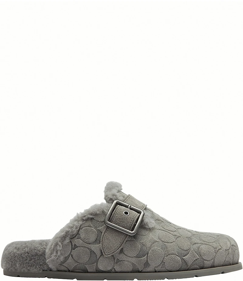 COACH Men's Signature Logo Suede Shearling Buckle Hardware Clogs