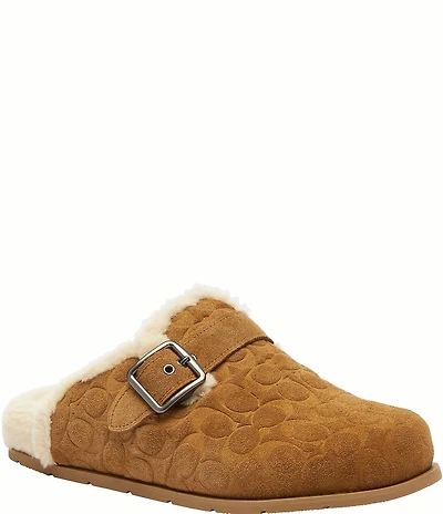 COACH Men's Signature Logo Suede Shearling Buckle Hardware Clogs