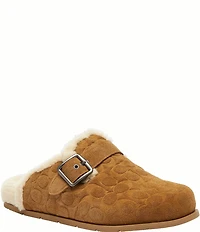 COACH Men's Signature Logo Suede Shearling Buckle Hardware Clogs