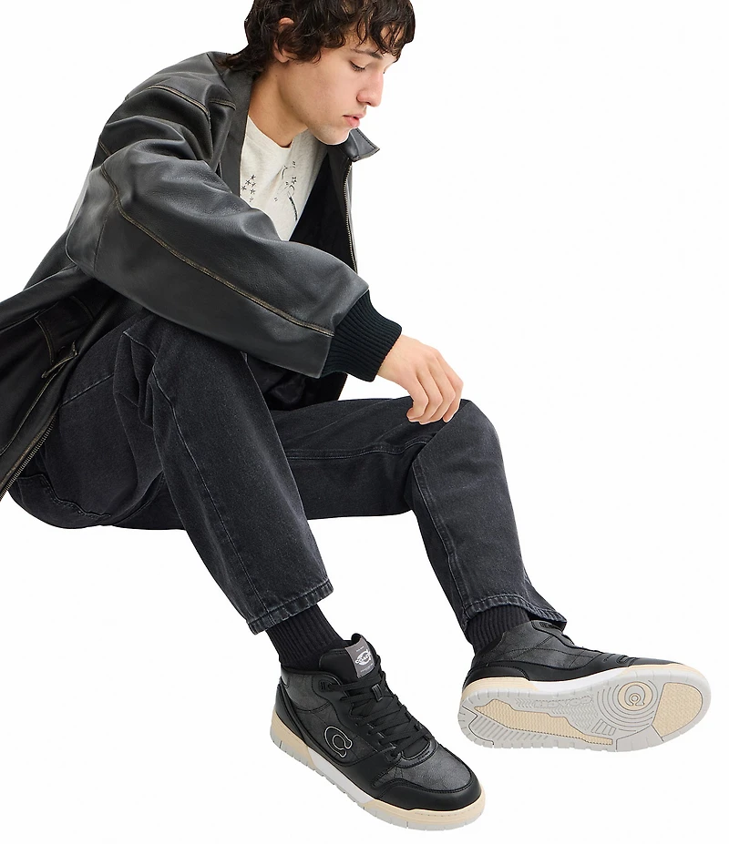COACH Men's Soho Leather and Signature Logo Coated Canvas Mid Top Sneakers