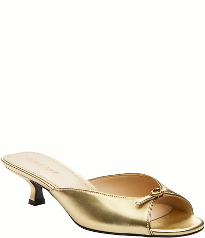 COACH Metallic Leather Logo Kitten Heel Slide Sandals