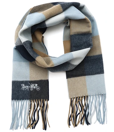 COACH Wool Multicolored Check Muffler Fringe Scarf