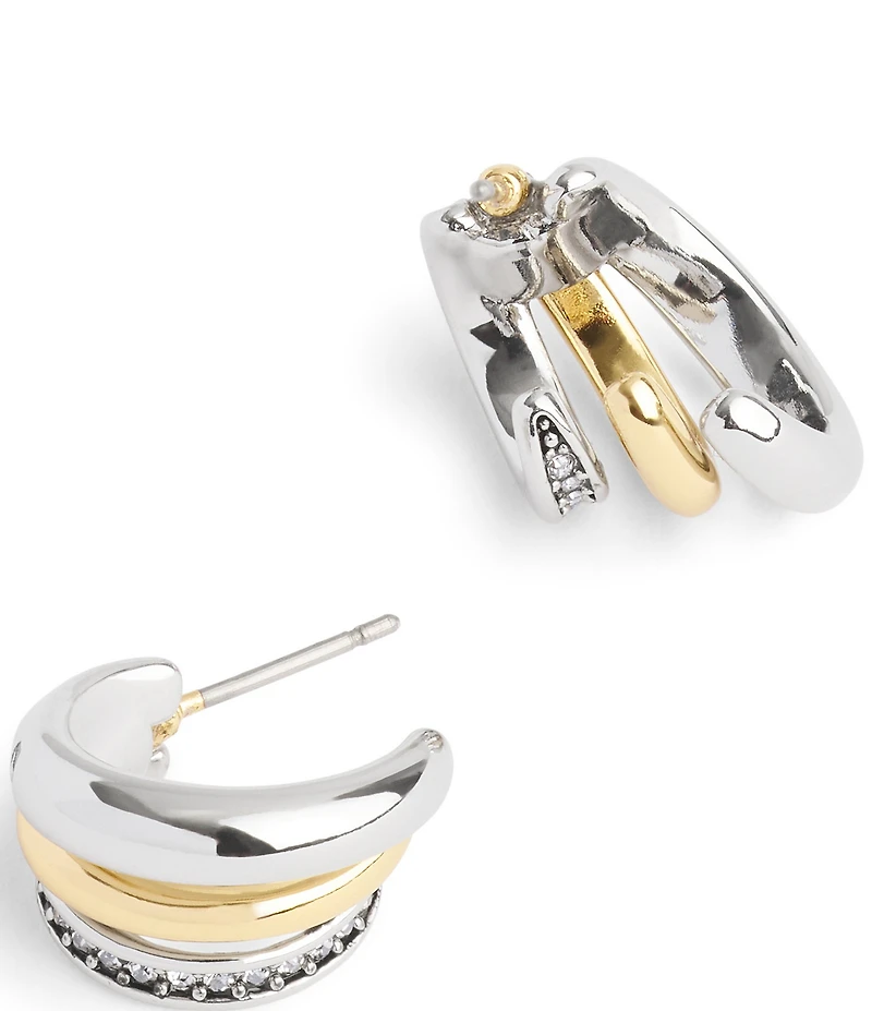 COACH Pave Tubular Triple Huggies Two Tone Hoop Earrings