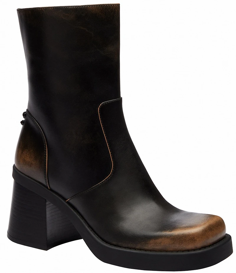 COACH Sculpted C Distressed Leather Block Heel Booties