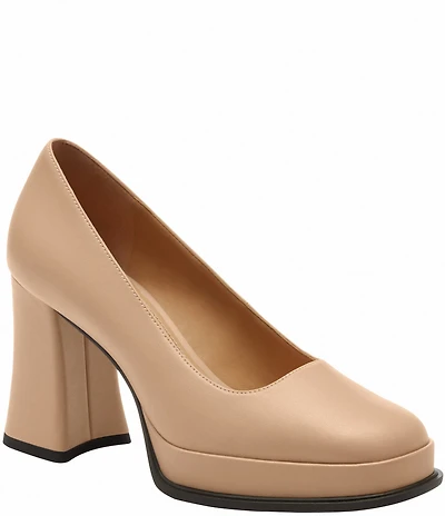 COACH Sculpted C Leather Square Toe Platform Block Heel Pumps