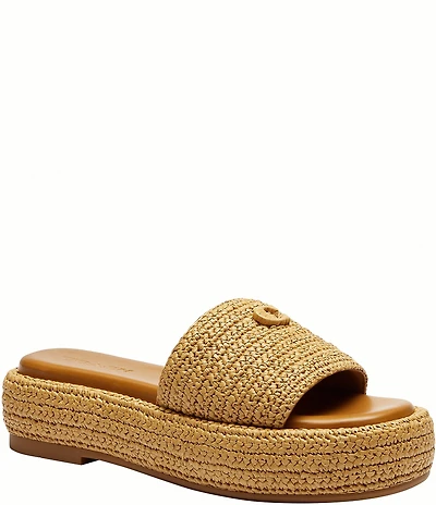 COACH Sculpted C Raffia Platform Slide Sandals