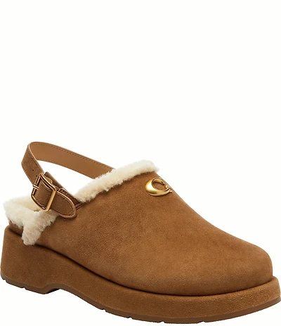 COACH Sculpted C Shearling and Suede Slingback Platform Clogs
