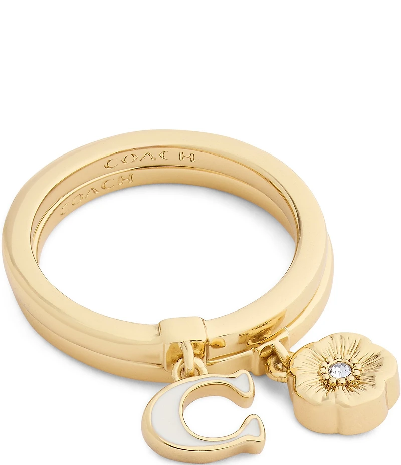 COACH Signature C Tea Rose Charm Duo Stacked Ring Set