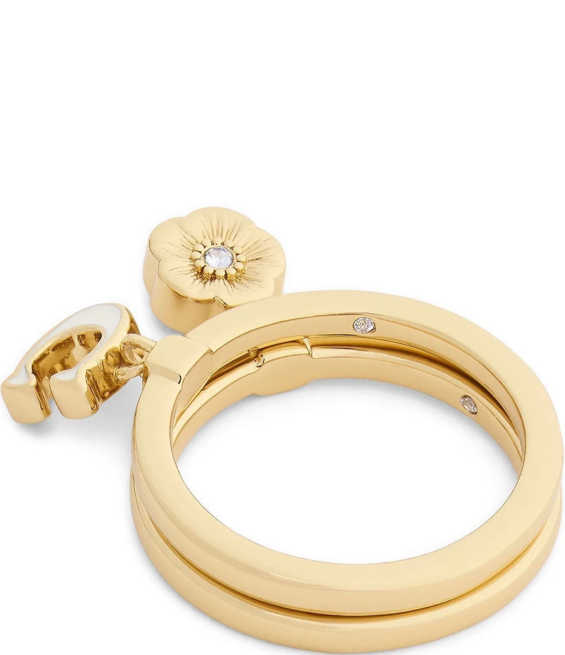COACH Signature C Tea Rose Charm Duo Stacked Ring Set