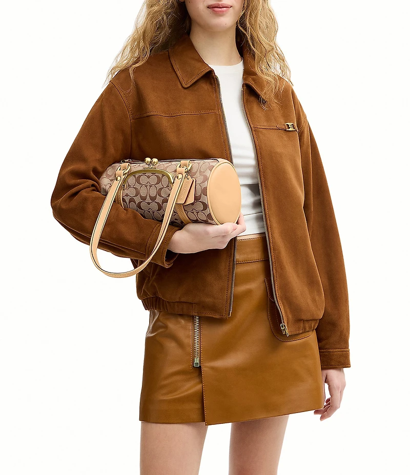 COACH Signature Jacquard Kisslock Handle Barrel Shoulder Bag 28