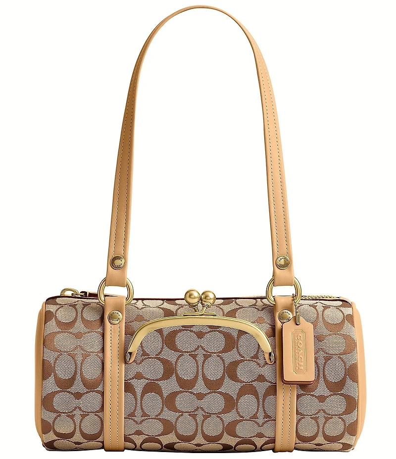 COACH Signature Jacquard Kisslock Handle Barrel Shoulder Bag 28
