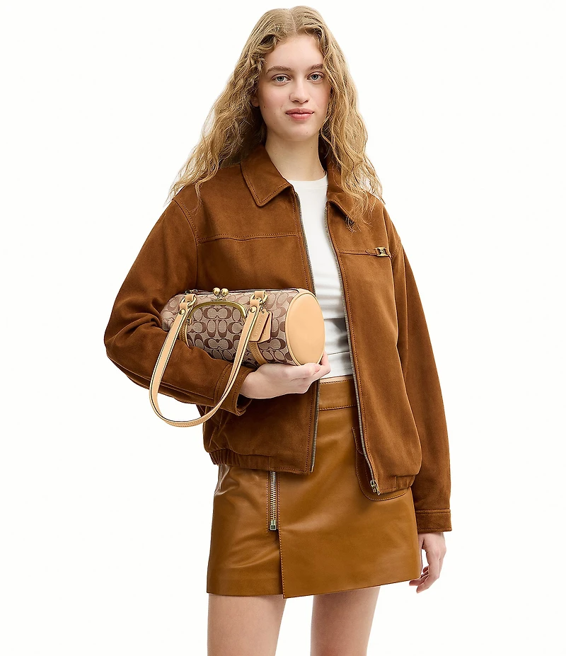 COACH Signature Jacquard Kisslock Handle Barrel Shoulder Bag 28