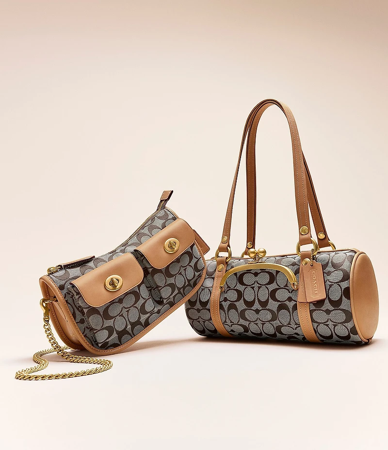 COACH Signature Jacquard Kisslock Handle Barrel Shoulder Bag 28