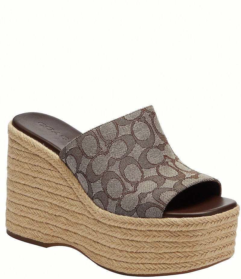 COACH Signature Jacquard Logo Espadrille Platform Wedge Slide Sandals