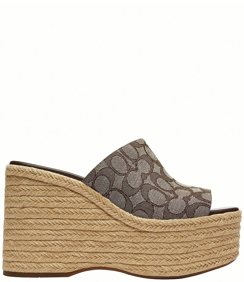 COACH Signature Jacquard Logo Espadrille Platform Wedge Slide Sandals