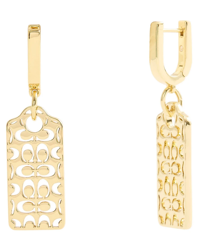 COACH Signature Quilted Cut-Out Hangtag Charm Huggie Hoop Drop Earrings