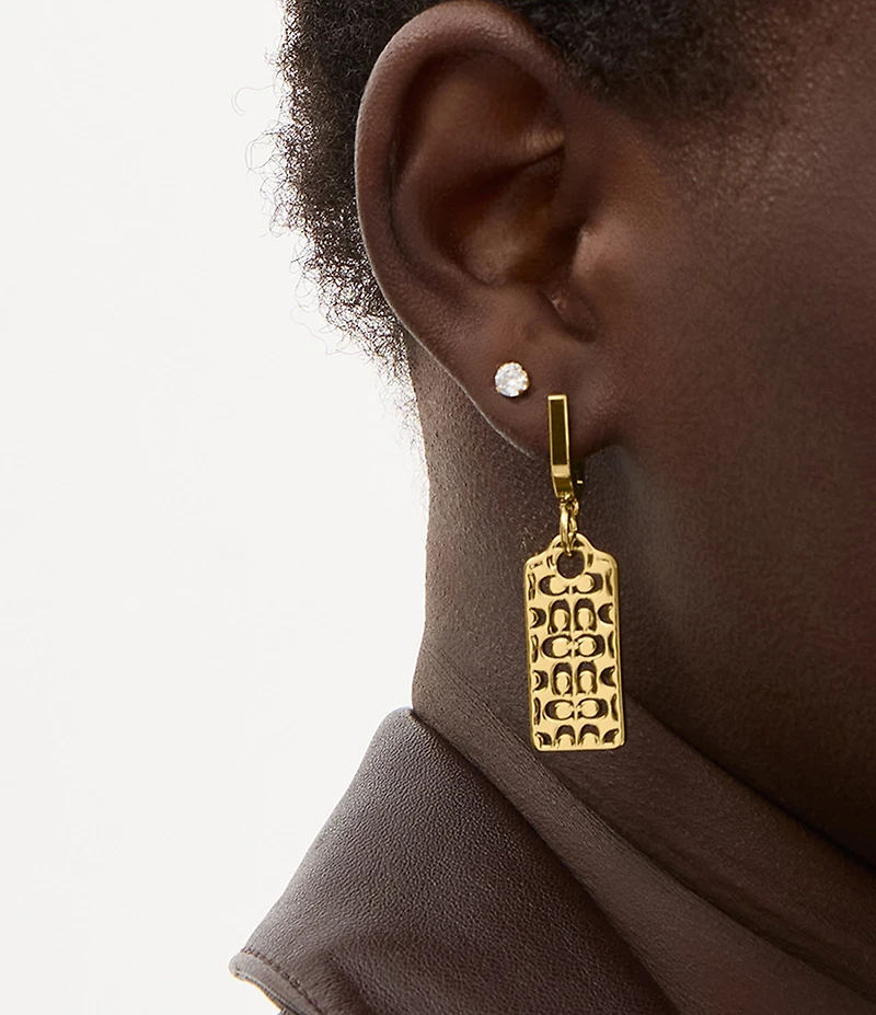 COACH Signature Quilted Cut-Out Hangtag Charm Huggie Hoop Drop Earrings