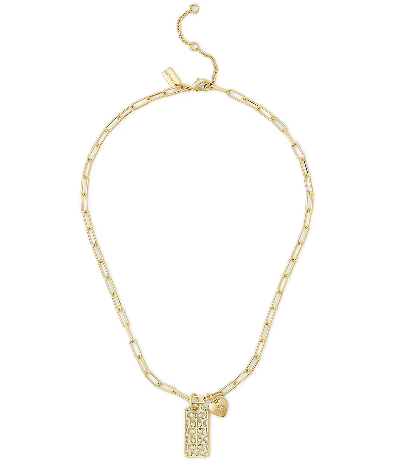 COACH Signature Quilted Cut-Out Hangtag Short Chain Pendant Necklace