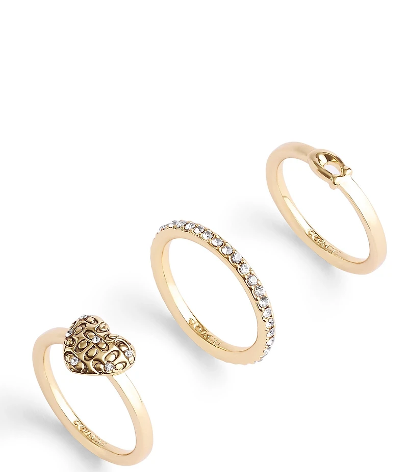 COACH Signature Logo Quilted Crystal Heart Ring Set