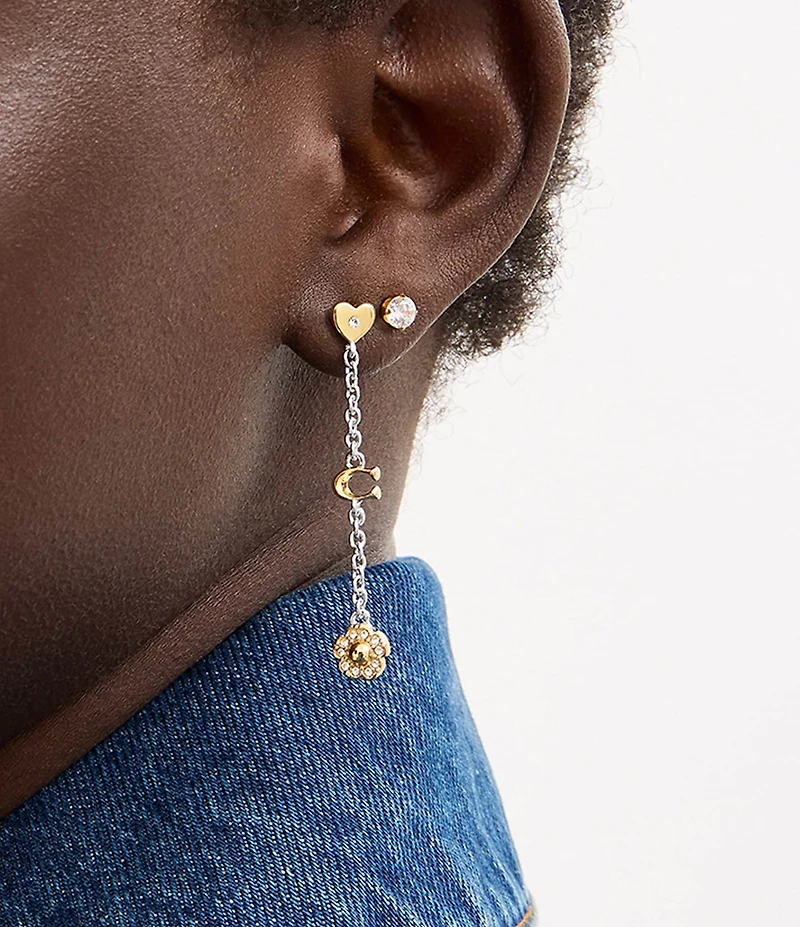 COACH Signature Tea Rose & Heart Linear Earrings