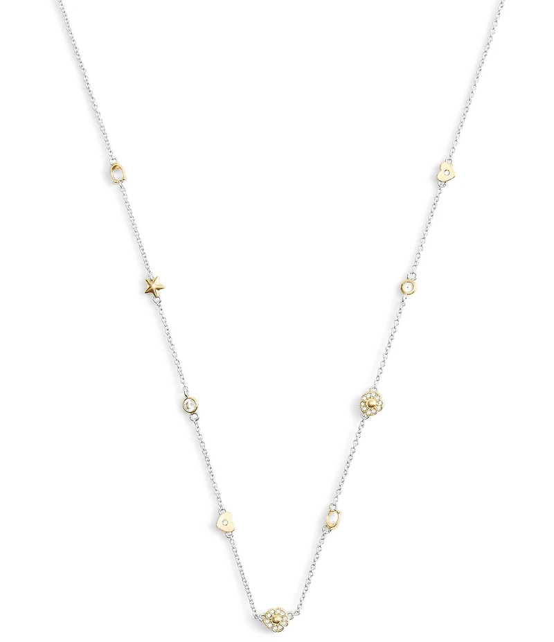 COACH Signature Tea Rose & Heart Strand Collar Necklace