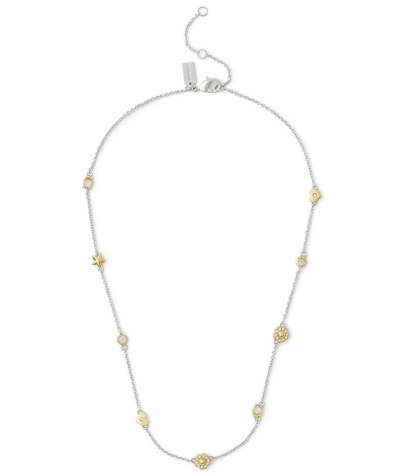 COACH Signature Tea Rose & Heart Strand Collar Necklace