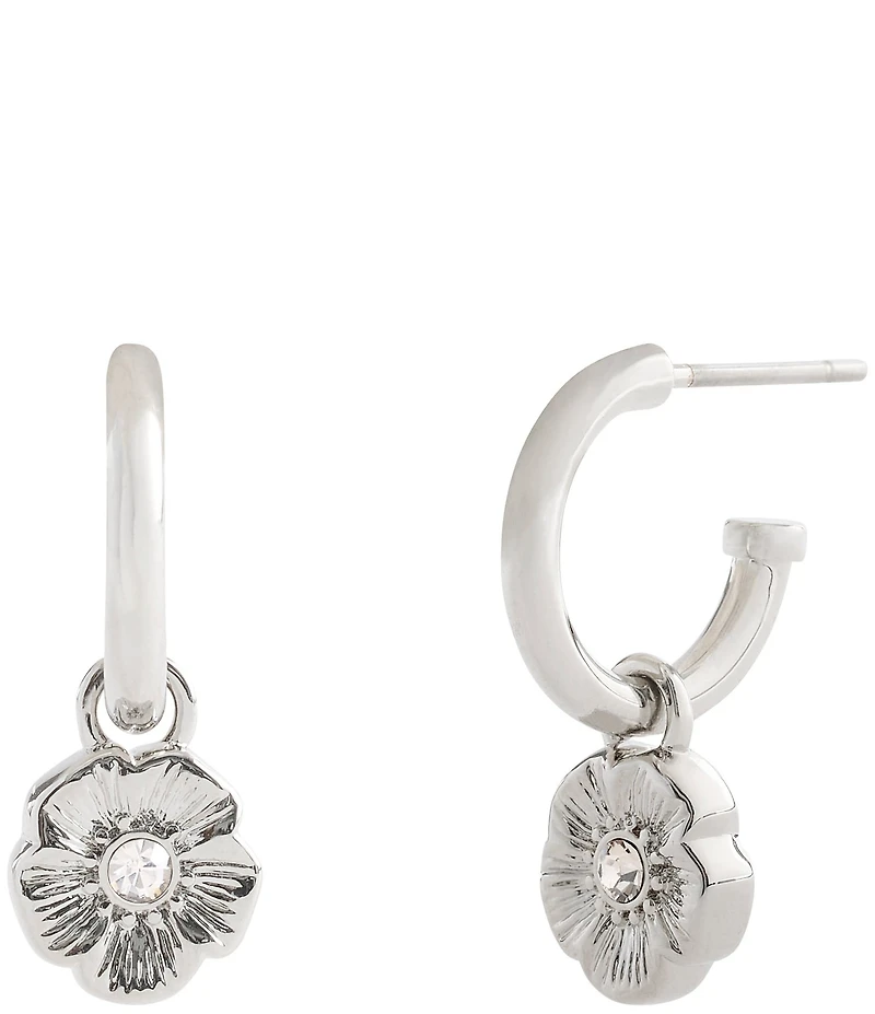 COACH Signature Tea Rose Charm Huggie Hoop Drop Earrings